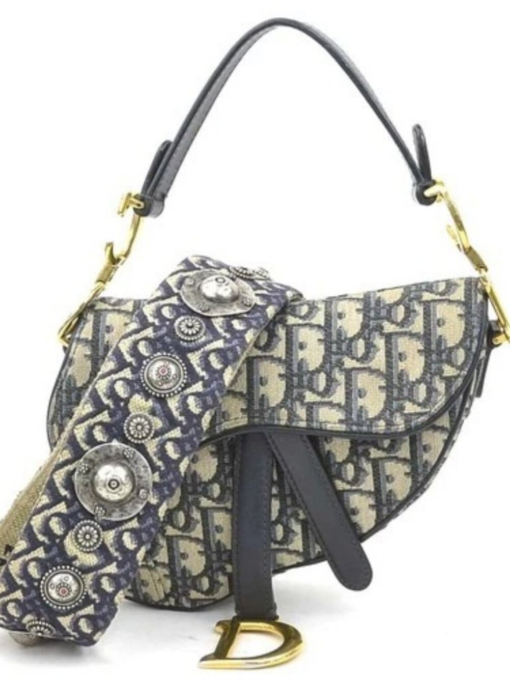 Auth Christian Dior Saddle Bag Handbag Shoulder Bag Navy Canvas/Leather - 90243a
